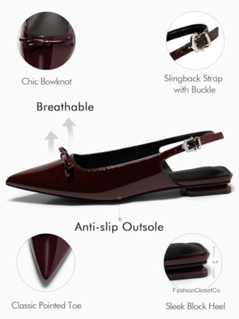 Women's Slingback Flats Pointed Toe Bow Low Heel Ballet Work Shoes Faux Leather - Picture 4 of 5